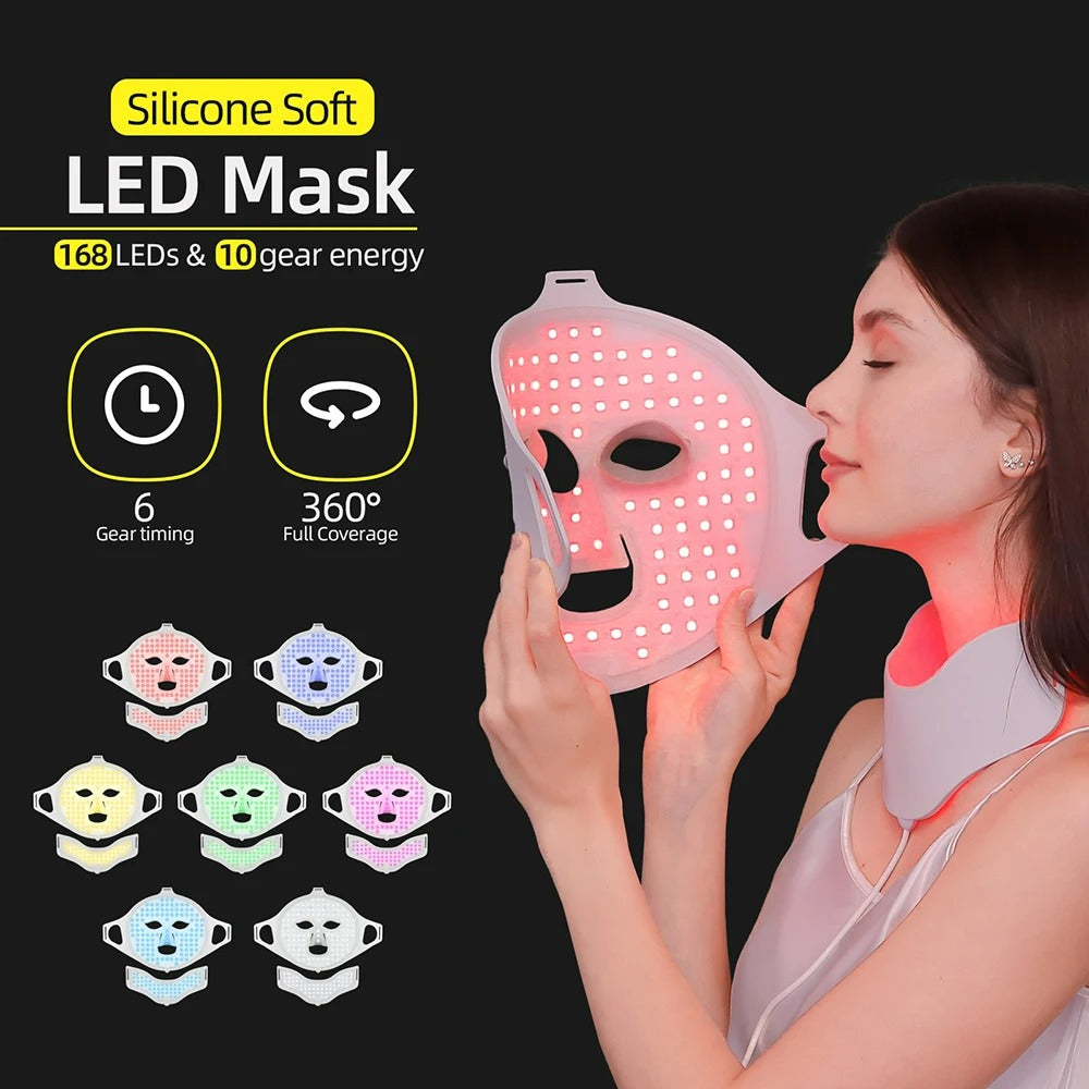 7 Color Photon LED Face and Neck Mask – 3D Flexible Silicone for Red and Infrared Light Therapy